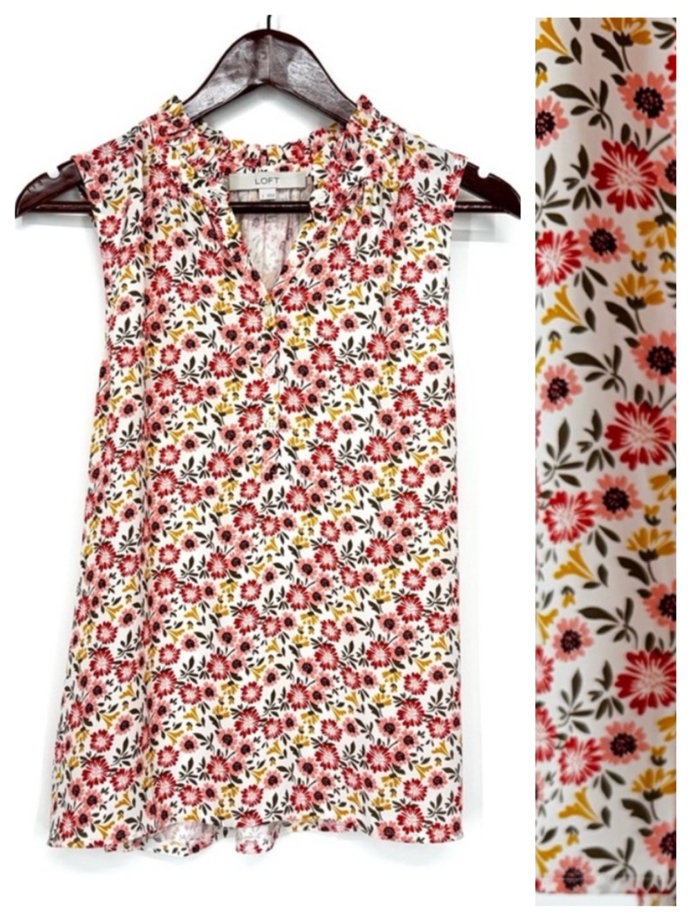 Loft Sleeveless Button Down Wildflower Print Blouse Pink Red Mustard Floral